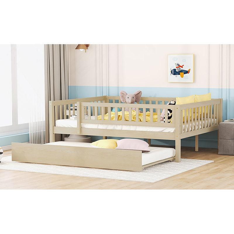 Wood Daybed With Trundle And Fence Guardrails, Full, Natural