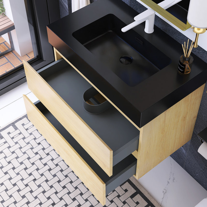 30" Wall-Mounted Single Bathroom Vanity With Solid Surface Top, Oak