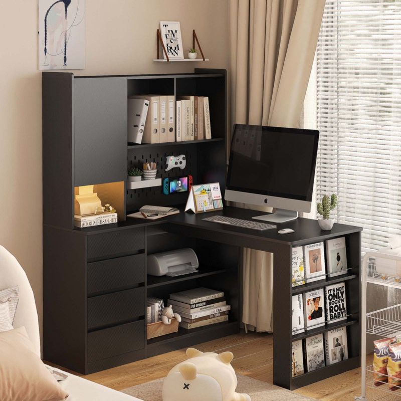 L Shaped Desk,Computer Desk With Drawers, Black, 62.79" H x 46.06" W x 51.56" D
