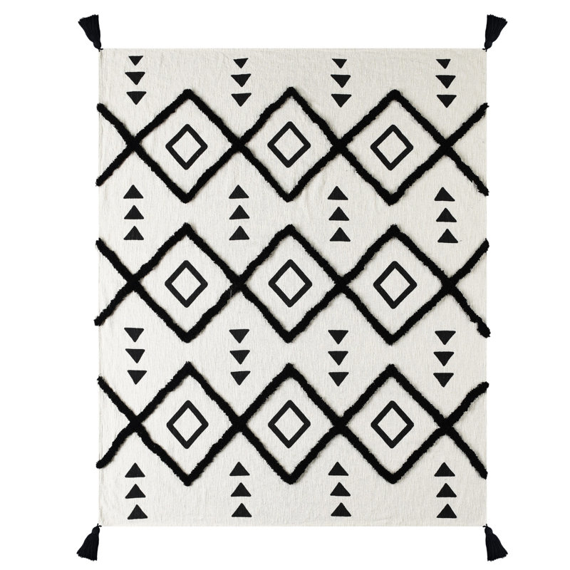 Hand Woven Throw Blanket, Black/Beige Geometric
