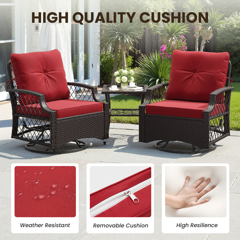 Ensemble de chaises berçantes et pivotantes avec coussins 3 pièces, Rouge