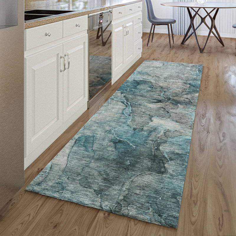 Premium Machine Washable Prisco Teal Rug, Runner 2'3" x 7'6"