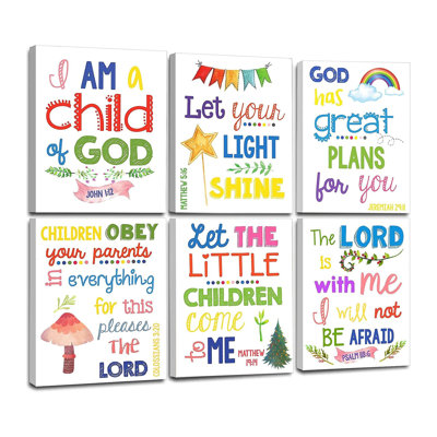 Dimanche école décorations pour la classe, encadré verset de la Bible, décoration murale pour chambre d'enfant, toile d'art chrétien mural pour chambre d'enfant (ensemble de 6, 8 x 10 po, encadré)