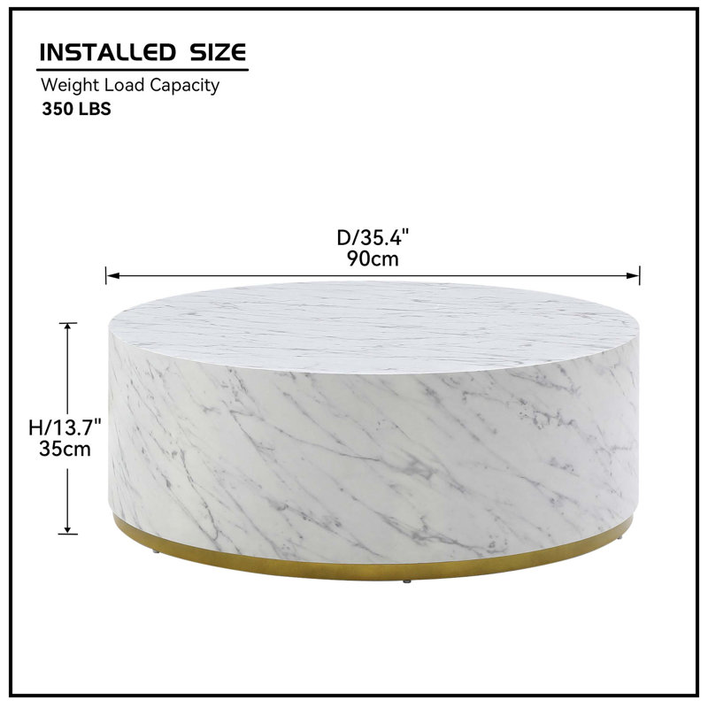 Dawsen Coffee Table,cocktail table,living room table with Metal Base, 13.78" H x 35.43" L x 35.43" W, White