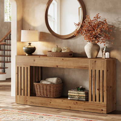 Table basse 63 po en bois massif avec tablette de rangement, console à 2 niveaux avec pieds à rayures verticales