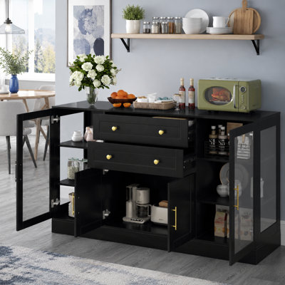 4 Doors and 2 Drawers Modern Black Buffet Sideboard with Power Outlet, Adjustable Shelves