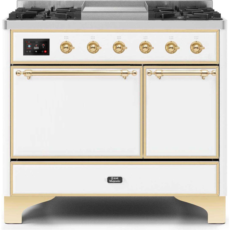Cuisinière à double carburant ILVE Majestic II 40 po, Gaz naturel, White/Brass