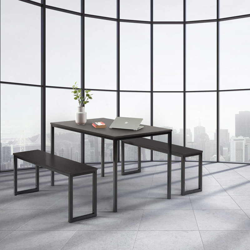 Table de salle à manger 48 pouces avec cadre en métal noir et bancs / ensemble de salle à manger 3 pièces / assemblage facile