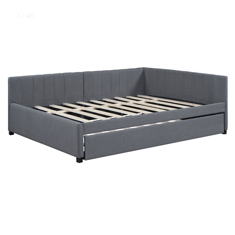 Full Size Upholstered Daybed with Twin Trundle, No Box Spring Needed, Linen Fabric in Gray for Modern Living