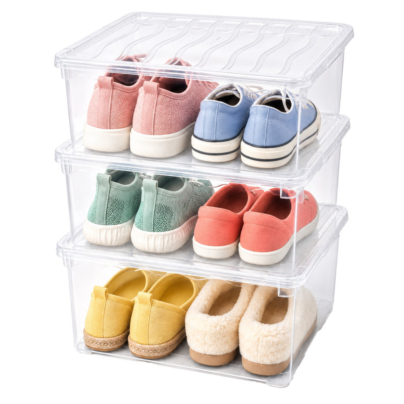 Basicwise Clear Shoe Storage Boxes with Lids - Stackable Plastic Organizer Bin for Closet, Sneaker Storage, Accessories - Shatterproof, Secure-Fit, 14 x 10.5 x 5.5 in, Set of 3