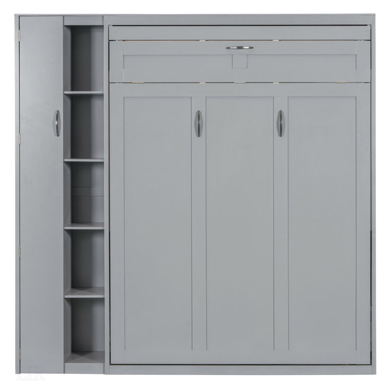 Lit escamotable double avec tablettes, garde-robe et lumières DEL pour économiser de l'espace et être multifonctionnel, gris