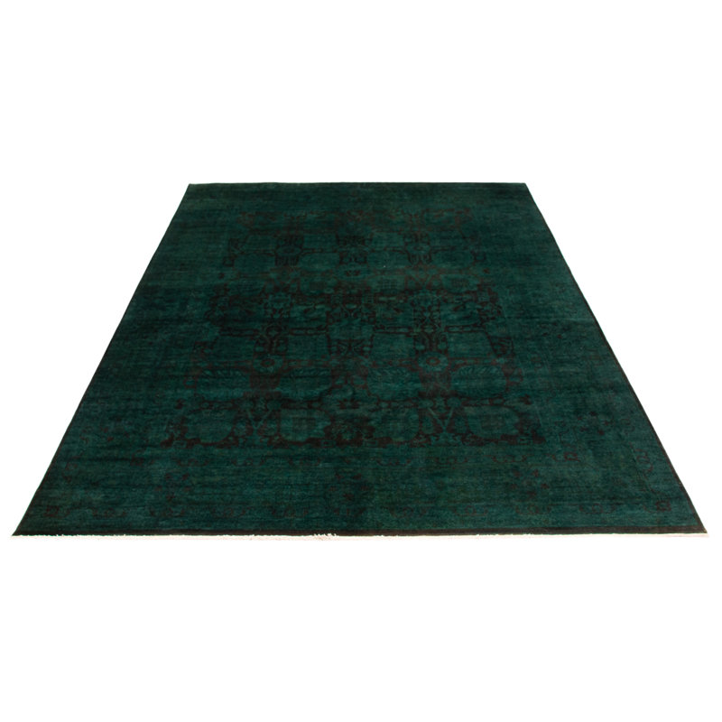 Tapis vert foncé en laine noué à la main de conception unique 9 pi 0 po x 11 pi 10 po