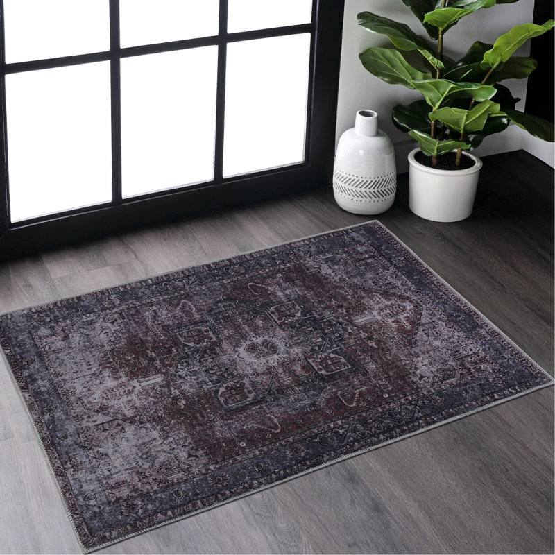 Washable Area Rug 2X3, Low-Pile, Stain , Non-Slip, For Bedroom, Living Room, Kitchen, Dining Room - Burgundy, Pet- 2X3 Rug, ,