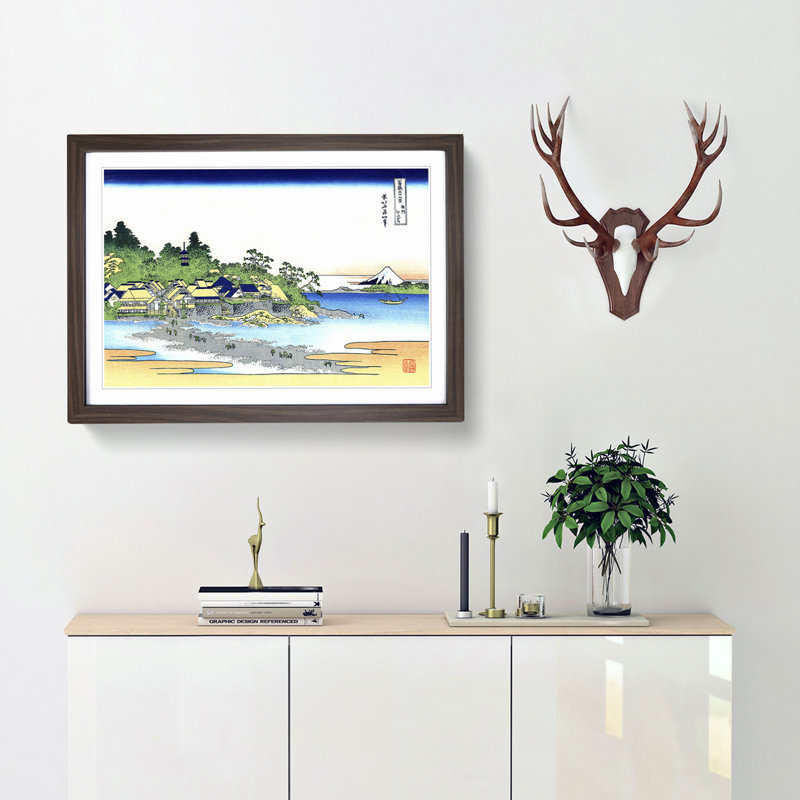 Enoshima in the Sagami Province by Katsushika Hokusai - Picture Frame Painting Print, 48cm H x 65cm W x 2cm D, Walnut Framed