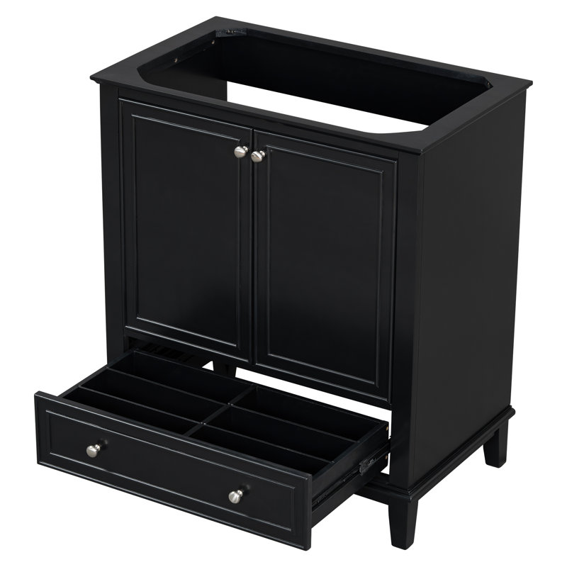 Base de meuble-lavabo moderne 30 po avec portes et tiroir en bois massif et panneau de fibres à densité moyenne Quaylen, Noir
