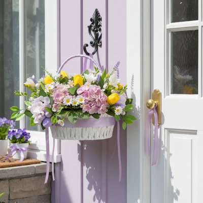 Ensemble de 2 panier de demoiselle d'honneur fait à la main avec poignée en ruban de satin - panier de mariage tissé blanc, accents floraux artificiels, panier de rangement en osier rustique doublé pour mariage Boho Home Decor