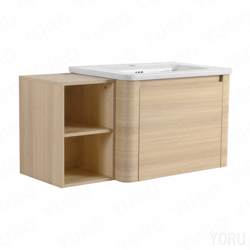 Meuble-lavabo mural de 40 po avec lavabo en céramique blanche et tablettes de rangement et 1 porte à fermeture en douceur, contreplaqué, chêne blanc américain