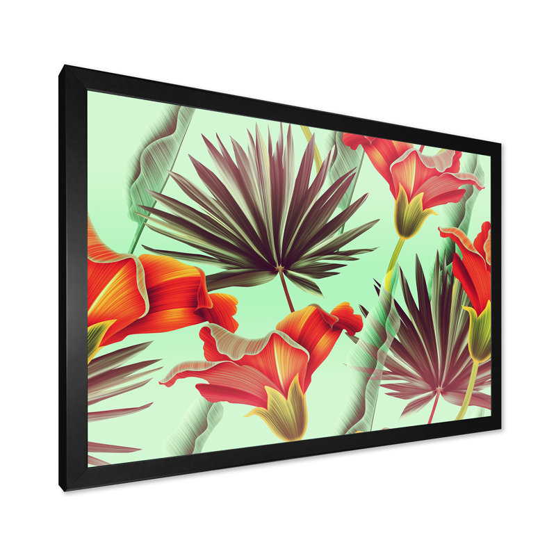 Fleurs tropicales rétro - impression sur toile, H 24 po x l 32 po x P 1 po, Cadre photo noir
