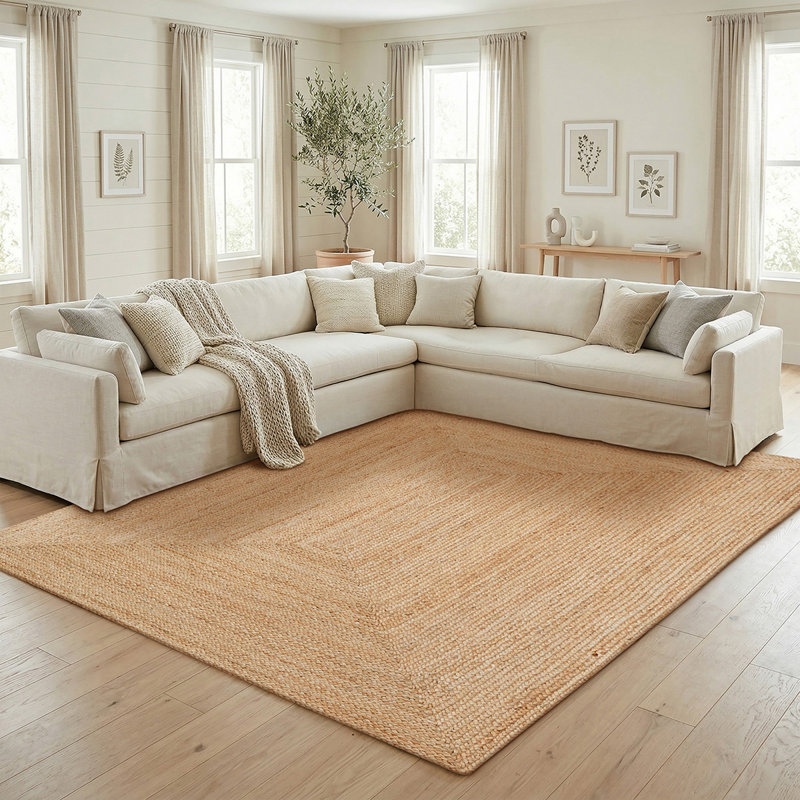 George Natural Brown Braided Jute Rug / Farmhouse Style Braided Area Rugs for Living Room, 4x6