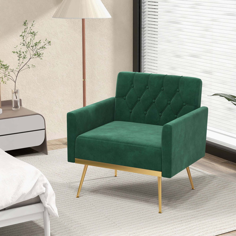 Chaise d'appoint moderne en velours avec dossier capitonné et pieds en métal doré , Velours vert