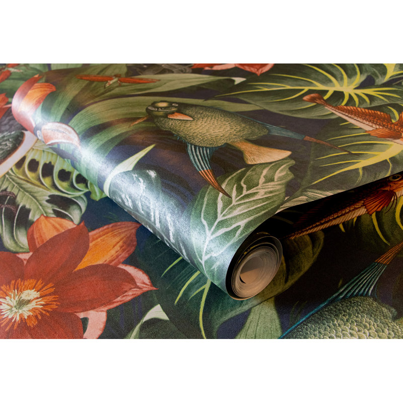 Tropical Collection Palau Floral Fish and Bird Inspired 27.8' L x 27.5" W Wallpaper Roll, Blueberry