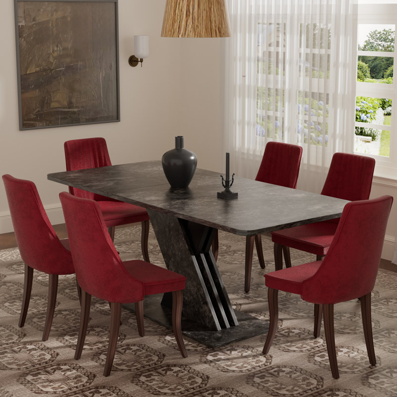 Ensemble de salle à manger rectangulaire à piédestal avec tissu en rayonne, Brun, 7, Rouge vin