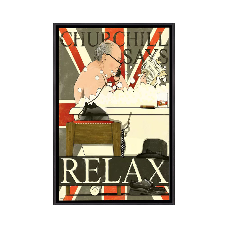 Churchill in the Bath - impression d'art graphique, Toile avec cadre noir patiné, H 48 po x l 32 po x P 1,5 po, Aucun mat