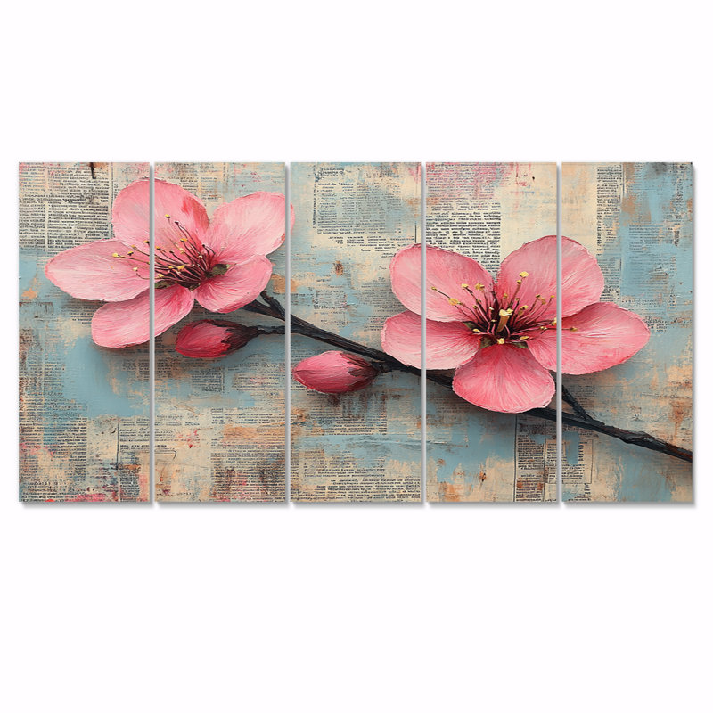 Fleurs de cerisier dans des tons roses et dorés - Ensemble de décoration murale cerisier en fleurs, H 28 po x l 60 po