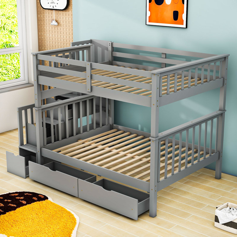 Lit superposé double au-dessus de double avec tablettes et tiroirs de rangement, Gris