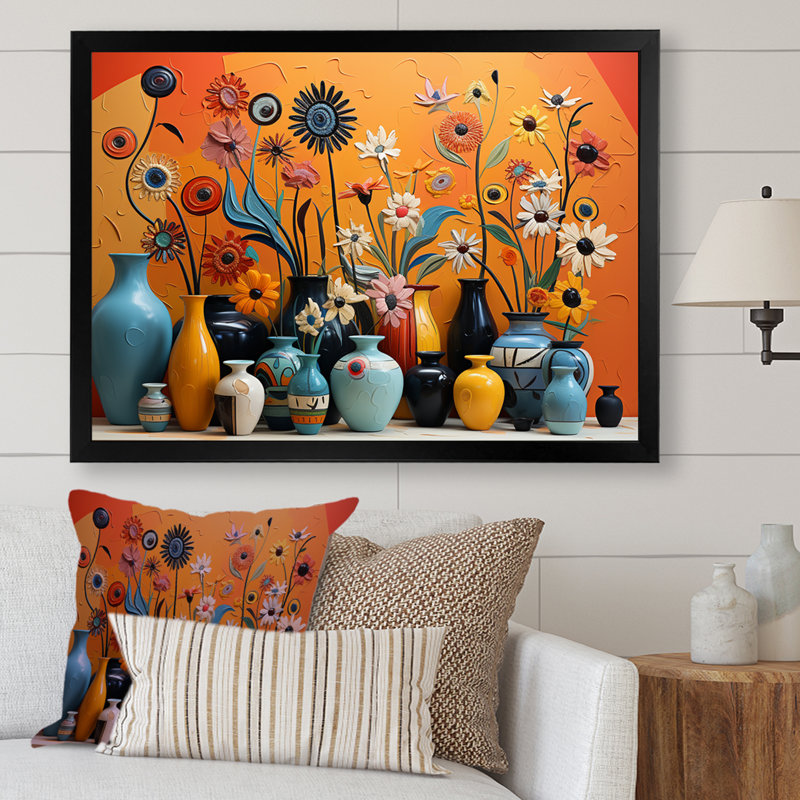 «Orange Boho Pottery Expressions II», art mural Boho, Cadre d'angle fermé noir, H 12 po x l 20 po x P 1 po