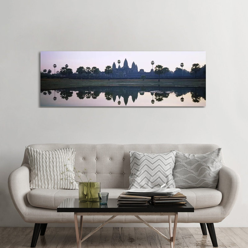Reflection Of Temples And Palm Trees In A Lake, Angkor Wat, Cambodia - Wrapped Canvas Panoramic Print