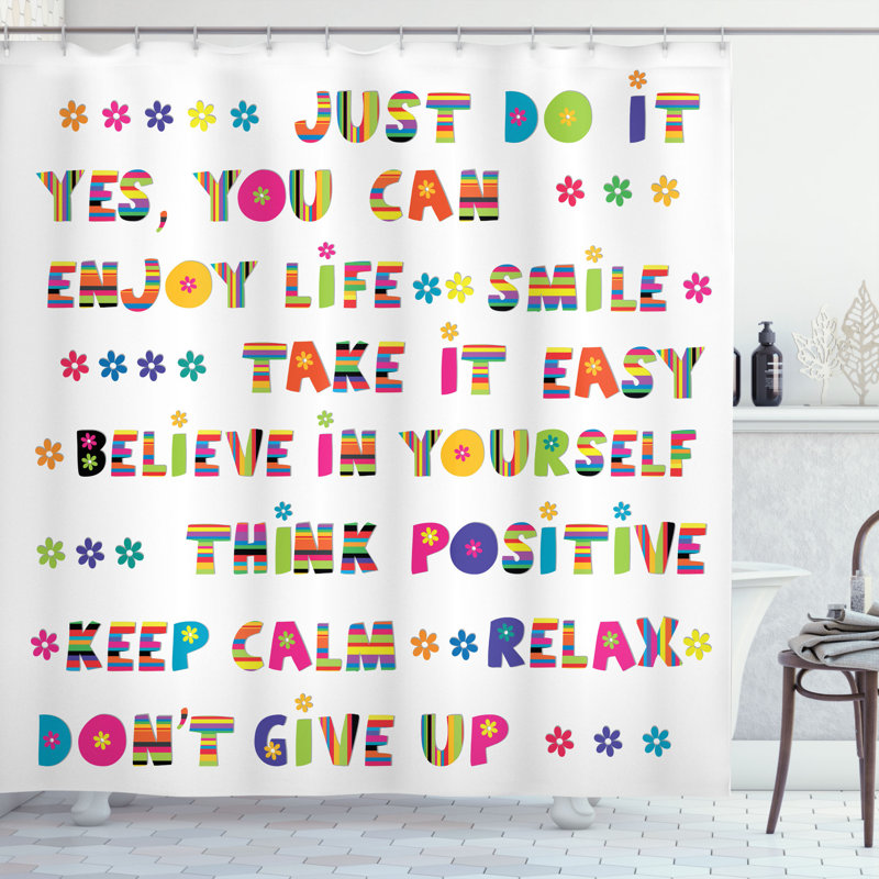 Colorful Multicolor Typography Fabric Shower Curtain with Hooks
