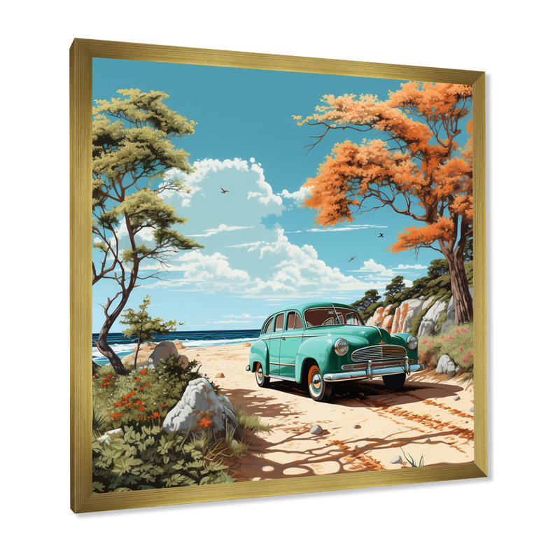 Vintage Oldtimer Classic Turquoise Car Beachside I sur impression sur toile, H 24 po x l 24 po x P 1 po, Cadre doré simple
