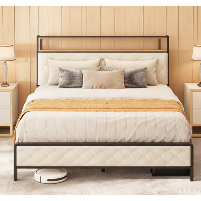 Base de lit pour grand lit, base de lit plateforme avec station de charge, tête de lit et pied de lit rembourrés avec lattes de support en métal, sommier non requis, beige (sans tiroirs)