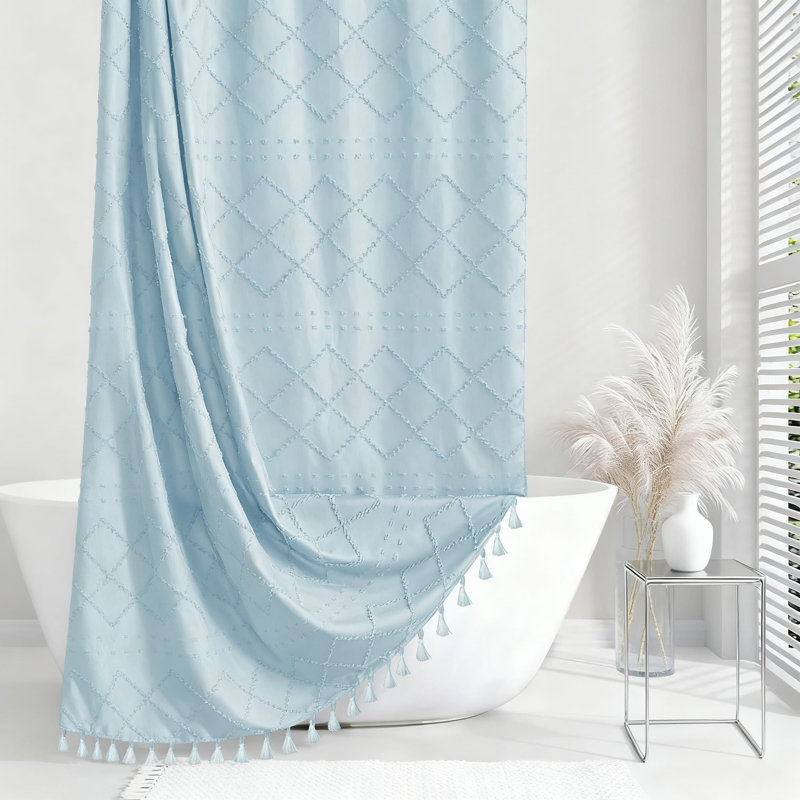 Rideau de douche à pampilles avec motif à chevrons texturé et tissu de salle de bain, Bleu
