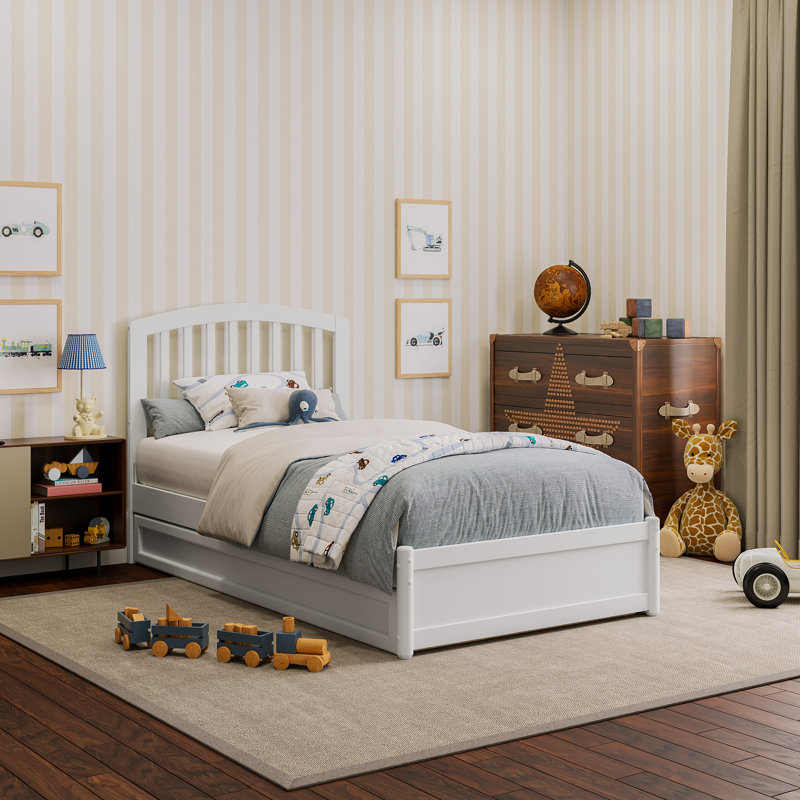 Lit plateforme en bois massif Lamari avec pied de lit et lit gigogne, Blanc, Simple