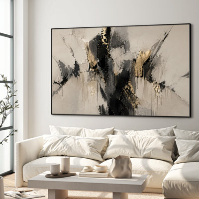 Extra Large Wall Art Fabric Print - Black Abstract Expressionist Composition Contemporary Living Room Decor - "Frame Assembly Required (Unfinished Frame)"