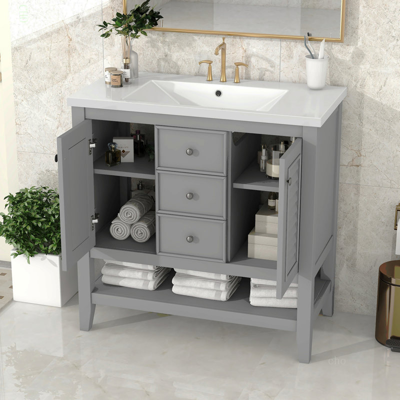 Meuble-lavabo 36 po avec lavabo en céramique, deux armoires et tiroirs, tablette ouverte, structure en bois massif, gris