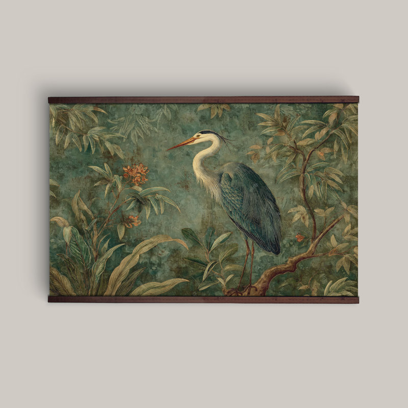 Chinoiserie Heron Tapestry – Vintage Botanical Wall Art, Extra Large Wall Hanging Art, 32" H x 48" W