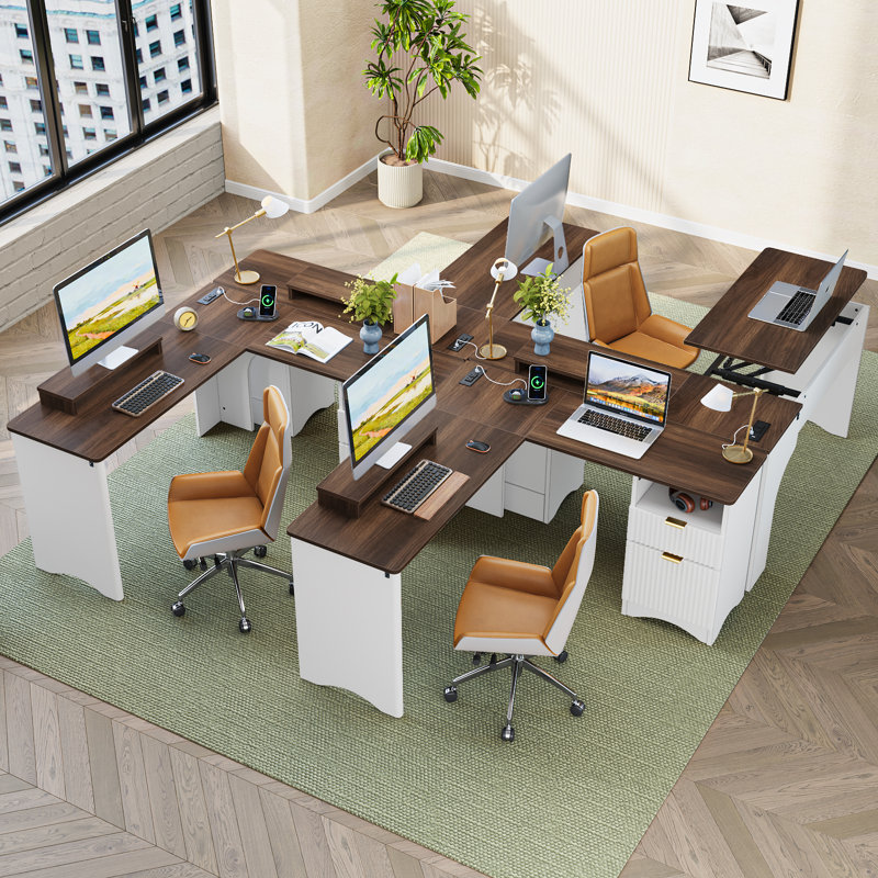 Daymen 55Inch Lift Top L Shaped Desk with Power Outlet, Fluted Computer Desk with File Drawer and shelf , Home Office Desk with Monitor Stand and Cable Management