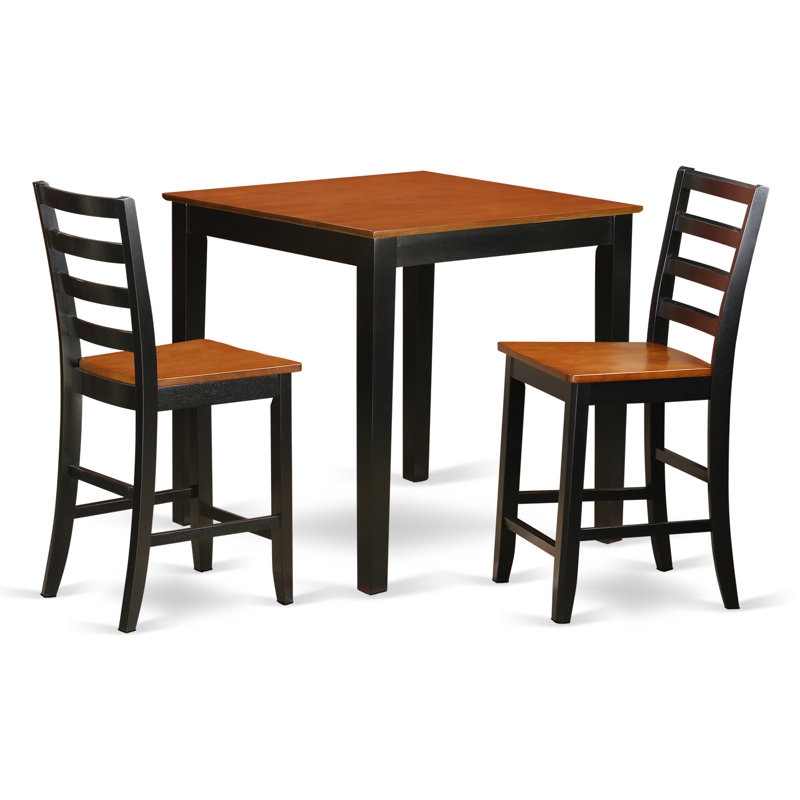 Ensemble de salle à manger 3 pièces à hauteur de comptoir pour petits espaces comprenant une table de salle à manger carrée et 2 chaises en bois, noir et cerise