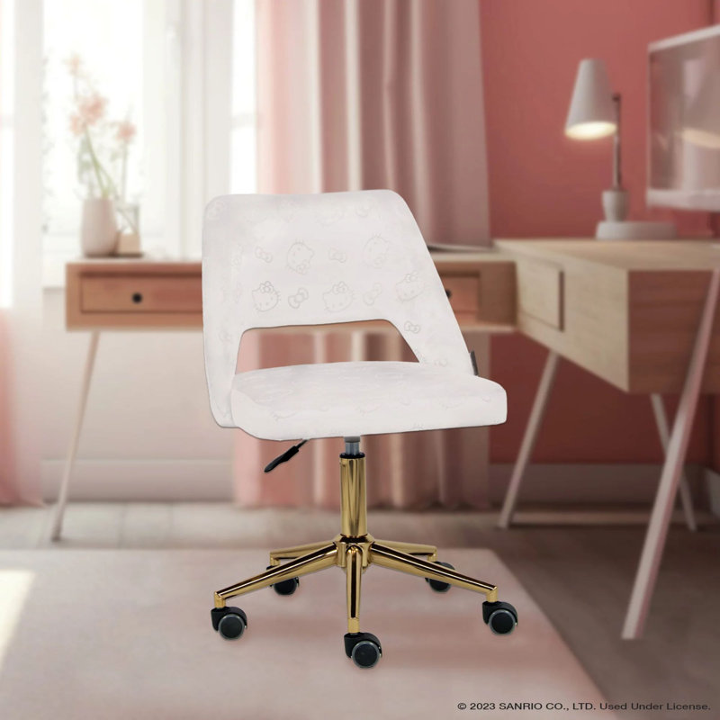 Moneik Hello Kitty Velvet Makeup Vanity Chair 360 Degrees Swivel Cute Desk Chair Wheels Golden Base, White Velvet
