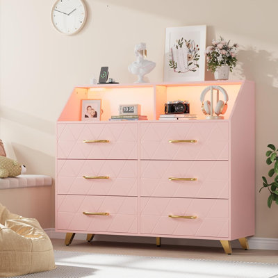 Kawamura Bedroom Dresser with LED Lights & Charging Station, Wood 6 Drawer Dresser for Bedroom, Dressers & Chests of Drawers for Closet, TV Stand, Liv by Mercer41