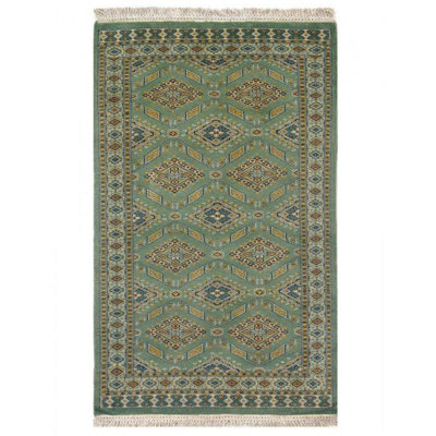 Tapis bleu marine / bleu clair / olive / beige en laine noué à la main 3 pi x 5 pi Sewit
