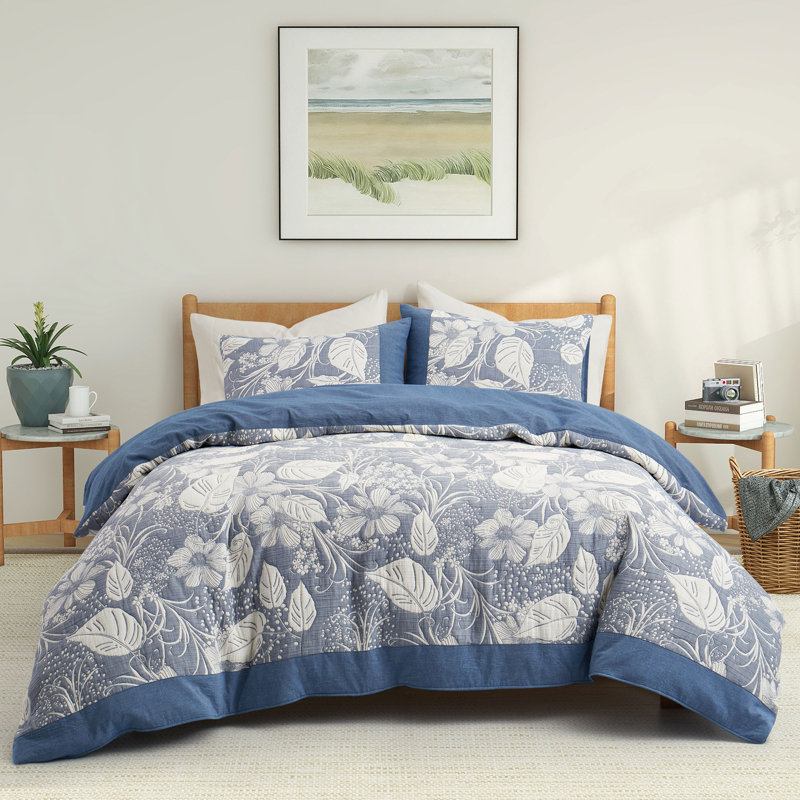 Double Gauze Cotton Jacquard Duvet Cover Set, Queen Duvet Cover + 2 Pillowcases, Navy