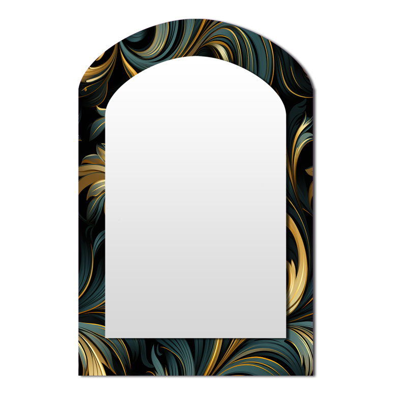 Or et bleu luxe damassé symphonie - miroir mural voûté, miroir décoratif asymétrique doré, 43 po x 33 po