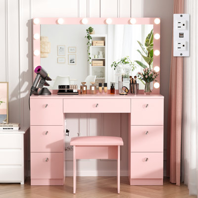 Greyden Makeup Vanity with Large Lighted Mirror, 7 Drawers and Outlets, Stool Included, for Bedroom