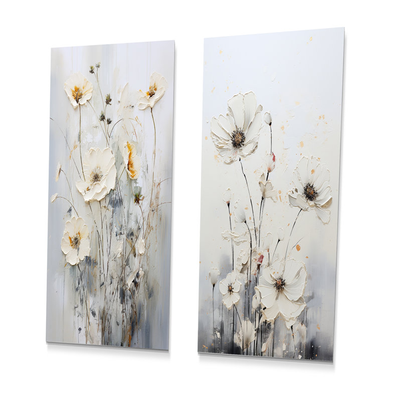 Fleurs blanches blanches, fantaisie florale - ensemble de 2 impressions murales en métal fleurs sauvages, H 28 po x l 24 po