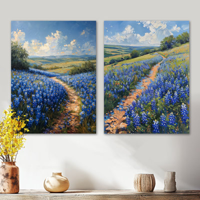 «Summer Morning Magic Bonnets Fields I», ensemble de 2 impressions murales botaniques en métal