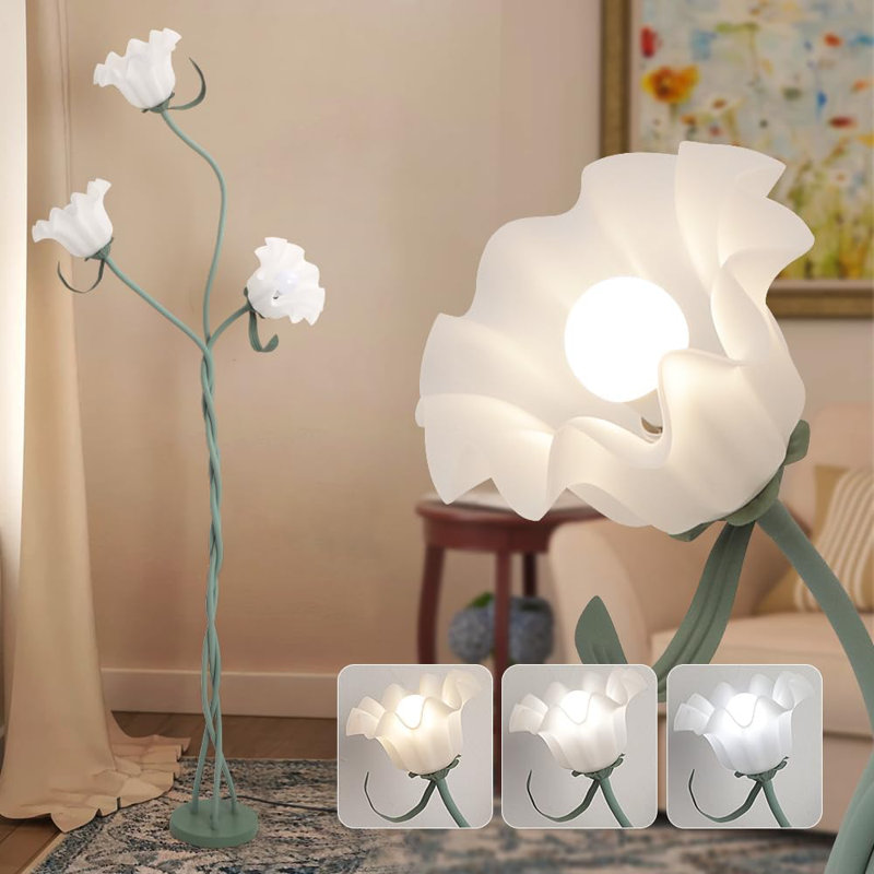 Vintage Flower Floor Lamp With 3 Adjustable LED Heads, Flexible Gooseneck Design, 3 Color Temperatures, Elegant Floral Lampshade For Living Room And Bedroom